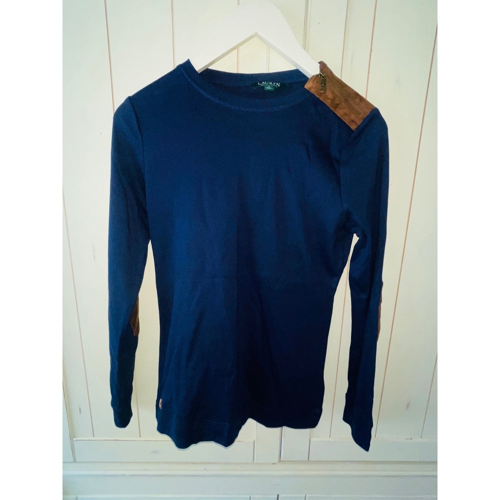 Lauren Ralph Lauren equestrian M Blue Top Shoulder Zipper Elbow Patches Shirt